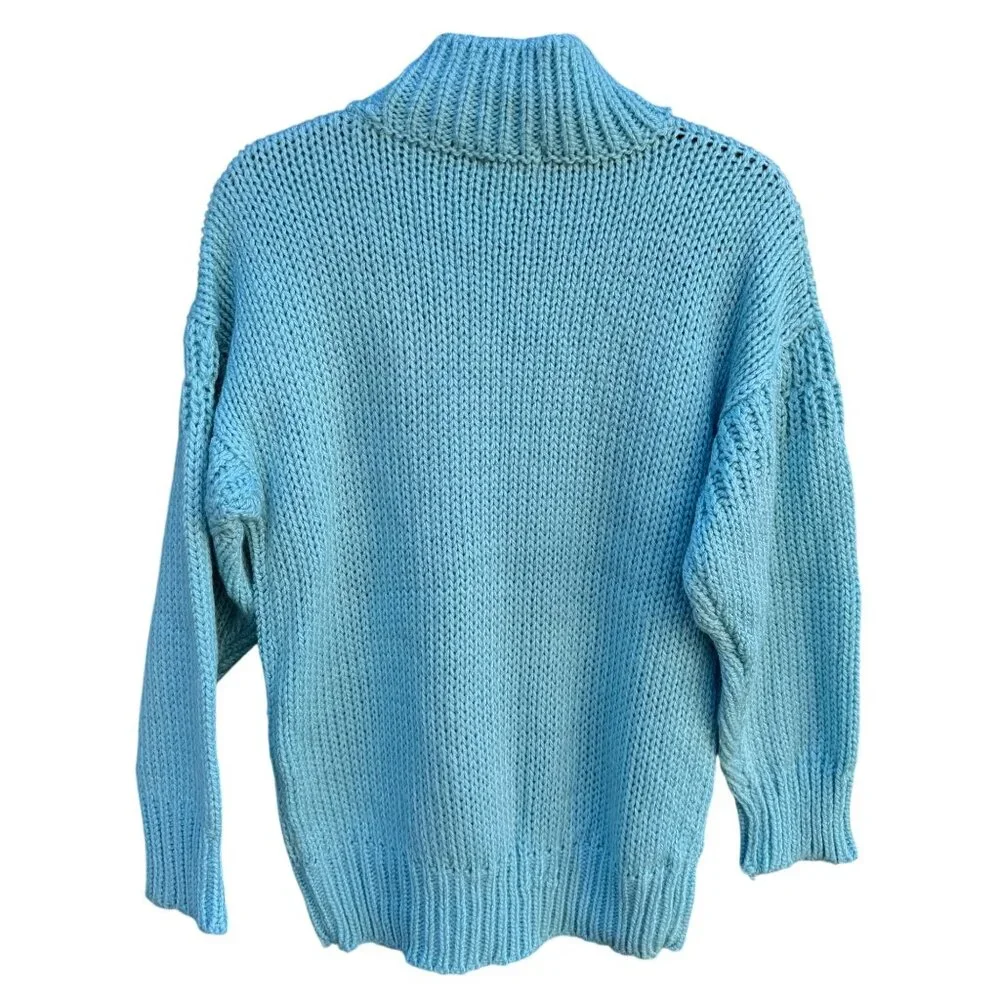 Susann D Vintage Womens Blue Chunky‎ Knit Turtleneck Sweater Oversized Pocket S